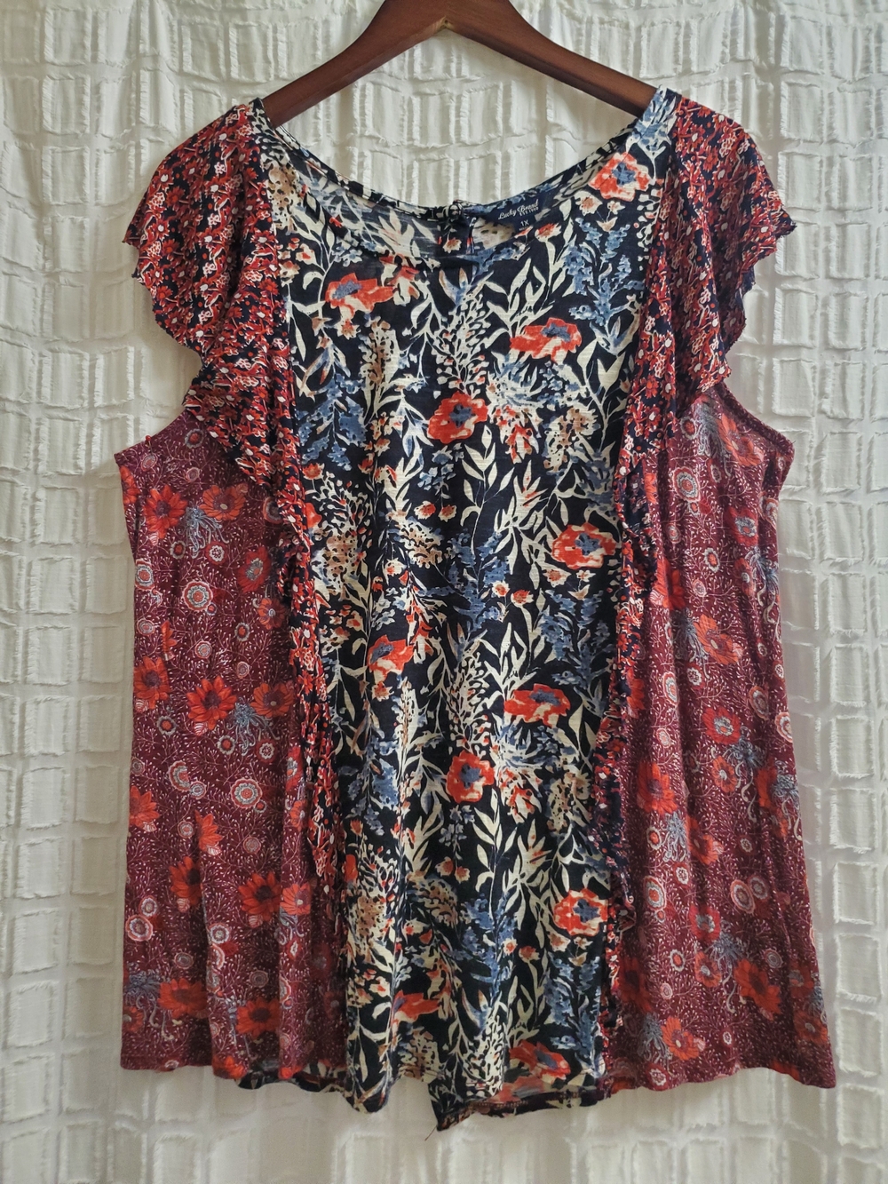 Lucky Brand Black, Blue and White Floral Print Top with Red Accents